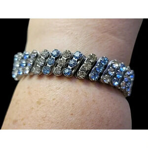 Vintage Stretch Blue And Clear Rhinestone Bracelet